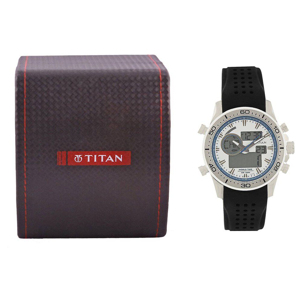 Titan Ana Digi Silver Dial Quartz Digital Plastic Strap watch for Men-9455SP03
