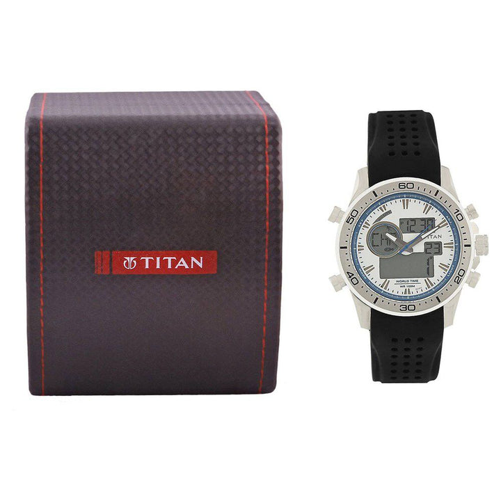 Titan Ana Digi Silver Dial Quartz Digital Plastic Strap watch for Men-9455SP03