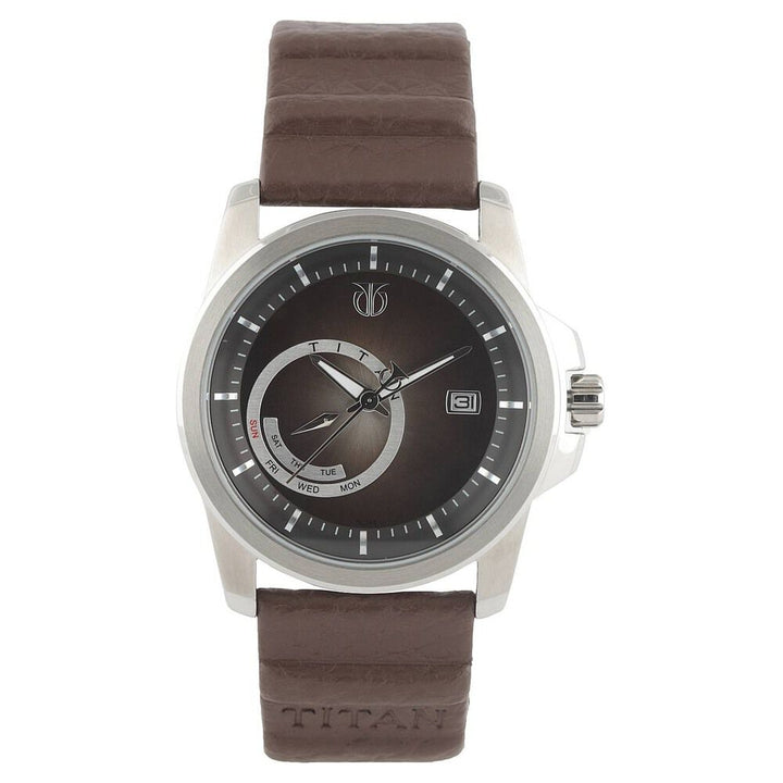 Titan Analog with Day and Date Brown Dial Leather Strap watch for Men-NE9465SL02J