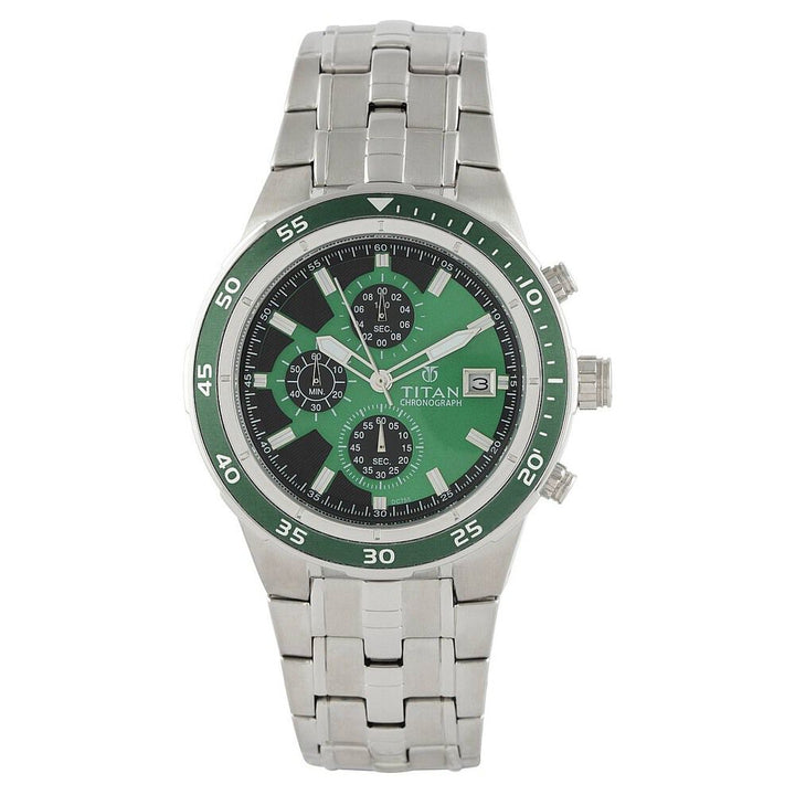 Titan Chronograph Green Dial Stainless Steel Strap watch for Men-NF9466KM03J