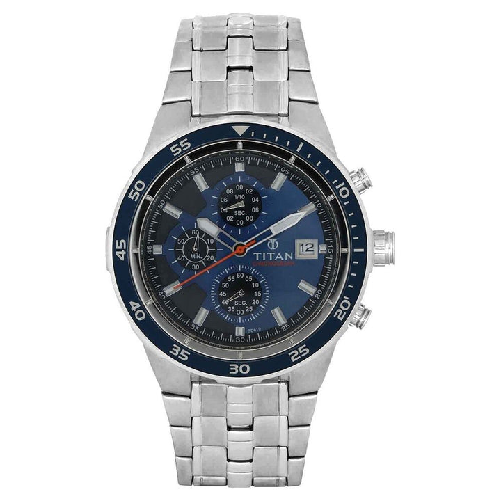 Titan Quartz Chronograph Blue Dial Metal Strap Watch for Men-NF9466KM04J