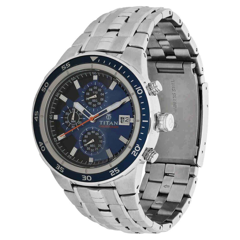 Titan Quartz Chronograph Blue Dial Metal Strap Watch for Men-NF9466KM04J