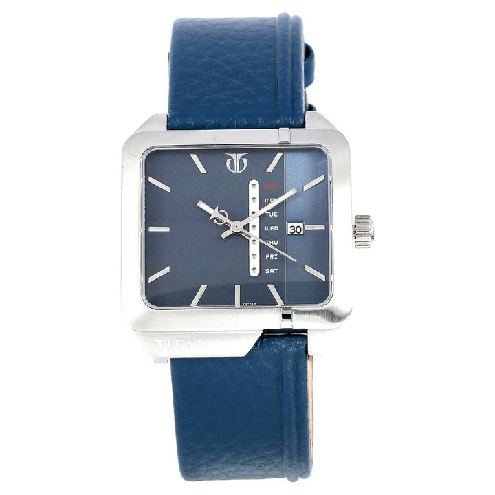 Titan Blue Dial Analog with Day and Date Leather Strap watch for Men-NE9469SL03J