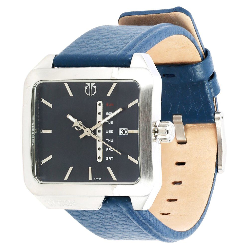 Titan Blue Dial Analog with Day and Date Leather Strap watch for Men-NE9469SL03J