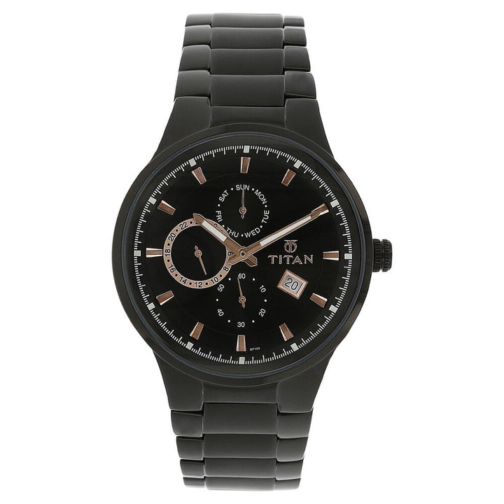 Titan Quartz Multifunction Black Dial Stainless Steel Strap Watch for Men-NK9472NM01