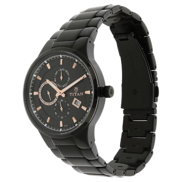 Titan Quartz Multifunction Black Dial Stainless Steel Strap Watch for Men-NK9472NM01