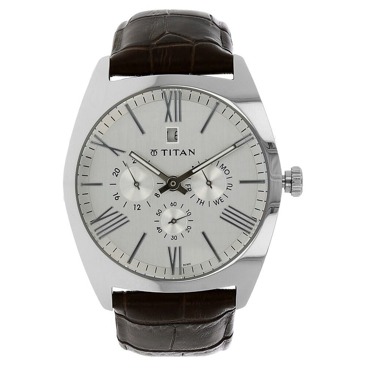 Titan Quartz Analog White Dial Leather Strap Watch for Men-NK9476SL02