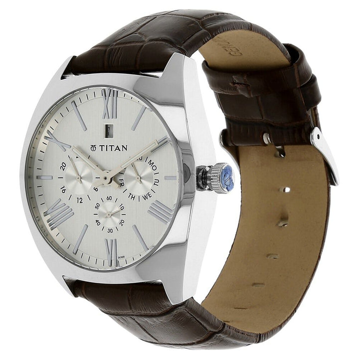 Titan Quartz Analog White Dial Leather Strap Watch for Men-NK9476SL02