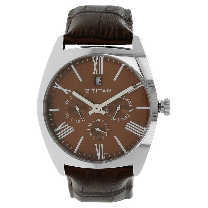 Titan Quartz Analog Brown Dial Leather Strap Watch for Men-NJ9476SL03