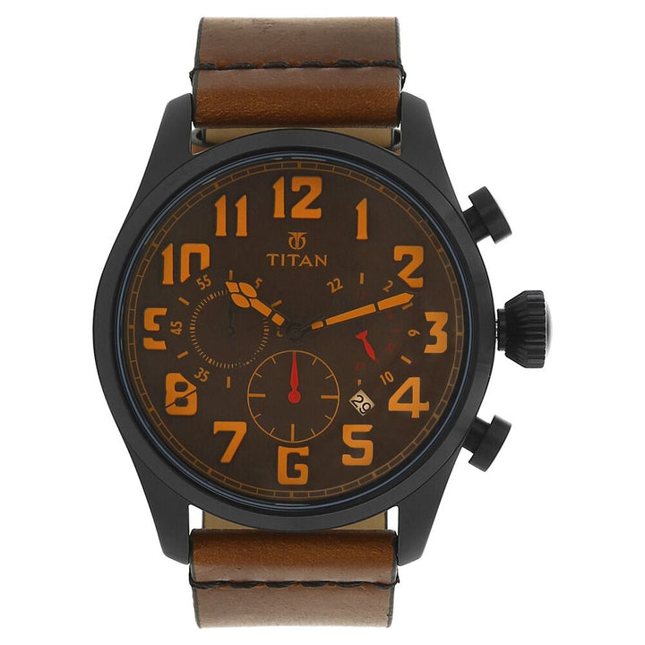 Titan Quartz Chronograph Brown Dial Leather Strap Watch for Men-NL9477NL02