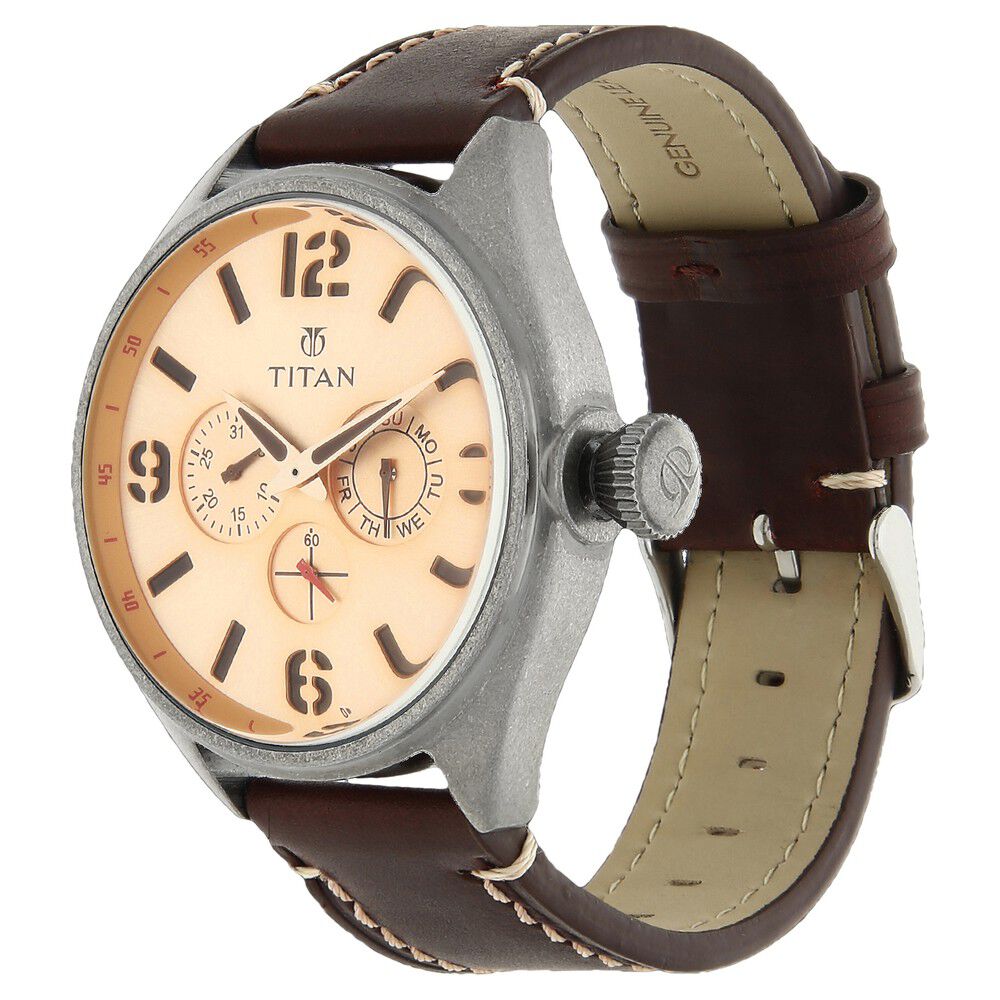 Titan Analog with Date Rose Gold Dial Leather Strap watch for Men-9478QL04J