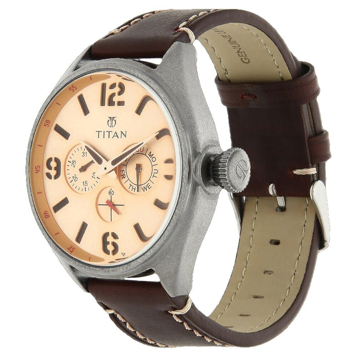 Titan Analog with Date Rose Gold Dial Leather Strap watch for Men-9478QL04J