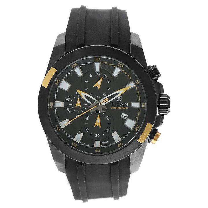 Titan Quartz Chronograph Black Dial Plastic Strap Watch for Men-9482KP01J