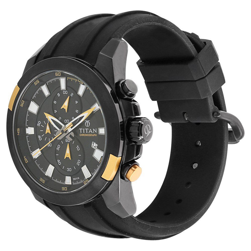 Titan Quartz Chronograph Black Dial Plastic Strap Watch for Men-9482KP01J
