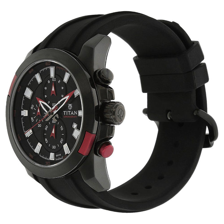Titan Quartz Chronograph Black Dial Plastic Strap Watch for Men-9482KP02J
