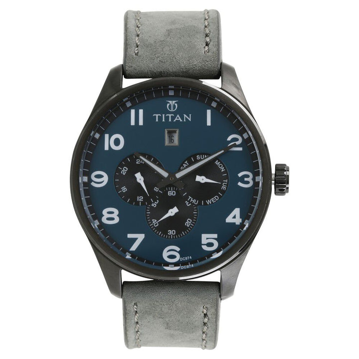 Titan Quartz Analog Blue Dial Leather Strap Watch for Men-9483NL04J
