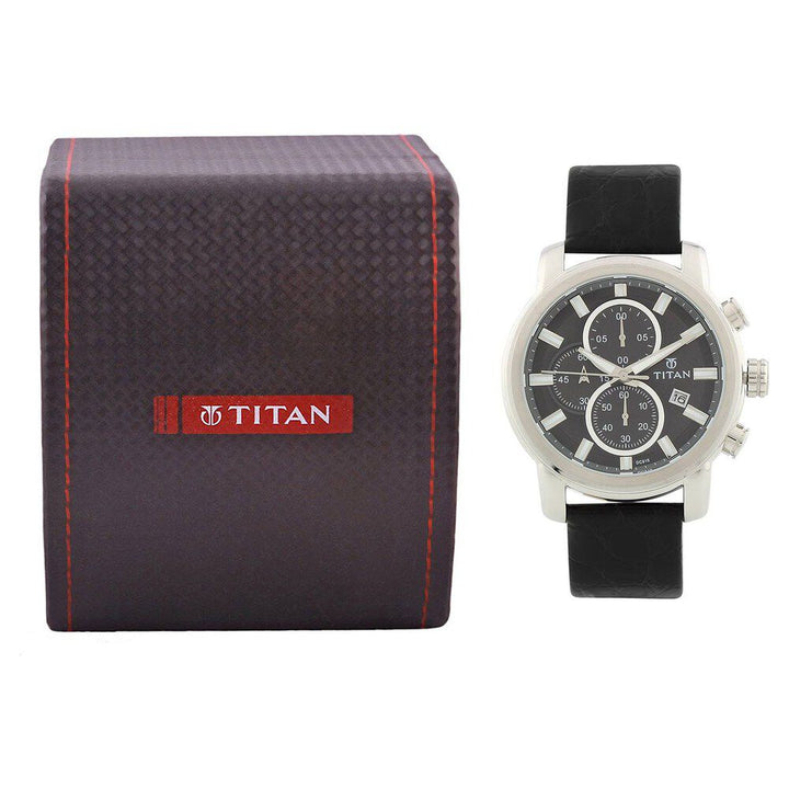 Titan Quartz Chronograph Black Dial Leather Strap Watch for Men-9486SL01J