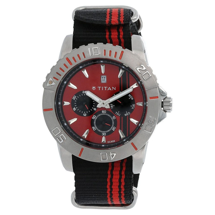 Titan Quartz Analog Red Dial Nylon Strap Watch for Men-9490SP02J