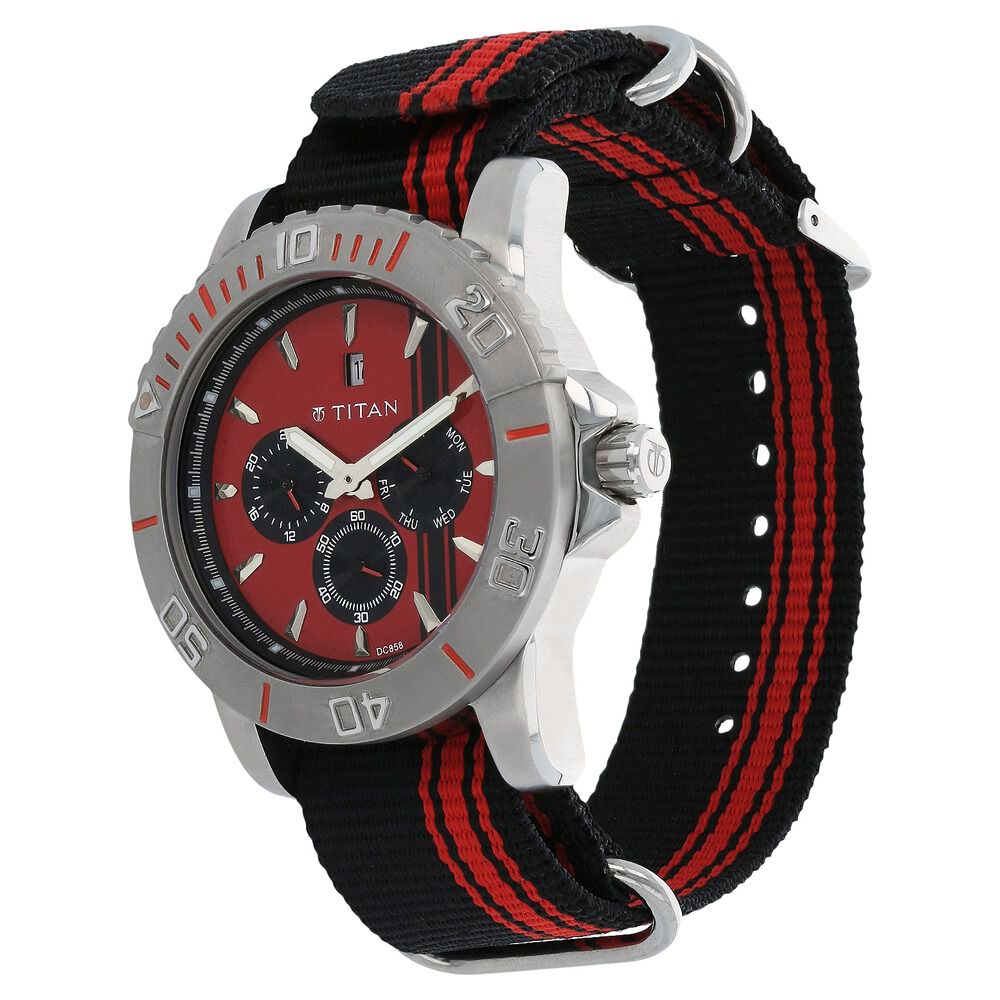 Titan Quartz Analog Red Dial Nylon Strap Watch for Men-9490SP02J