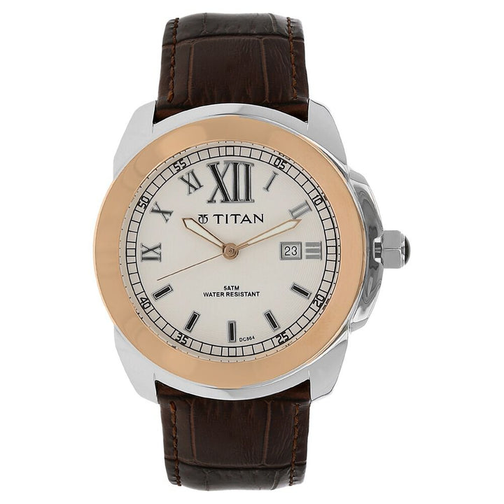 Titan Quartz Analog with Date White Dial Leather Strap Watch for Men-NM9492KL02