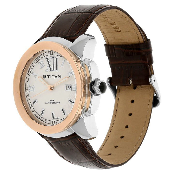 Titan Quartz Analog with Date White Dial Leather Strap Watch for Men-NM9492KL02