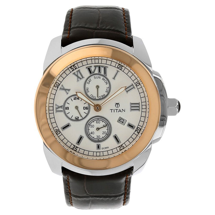 Titan Quartz Analog White Dial Leather Strap Watch for Men-NJ9492KL05