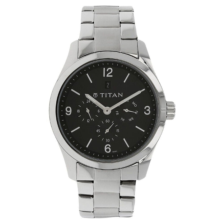 Titan Quartz Analog Black Dial Stainless Steel Strap Watch for Men-NK9493SM02