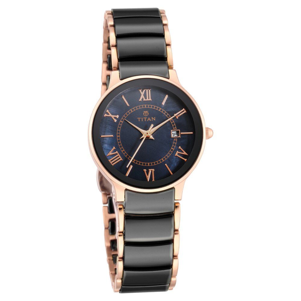 Titan Quartz Analog with Date Black Dial Stainless Steel & Ceramic Strap Watch for Women - The Watch Factory ®