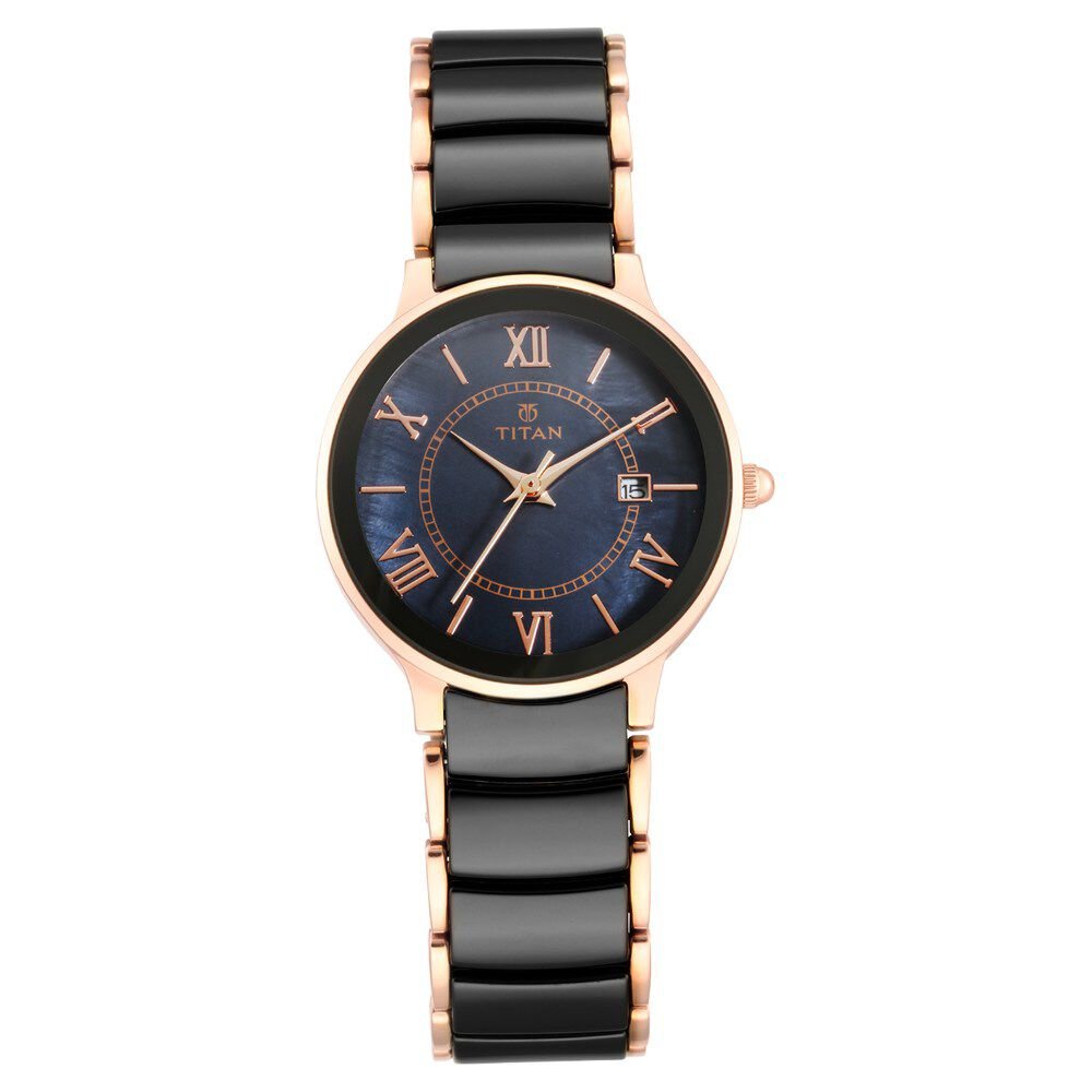 Titan Quartz Analog with Date Black Dial Stainless Steel & Ceramic Strap Watch for Women - The Watch Factory ®