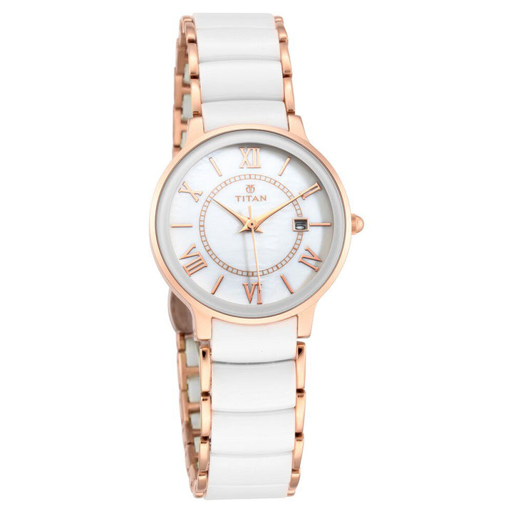 Titan Quartz Analog with Date Mother of Pearl Dial Stainless Steel & Ceramic Strap Watch for Women - The Watch Factory ®