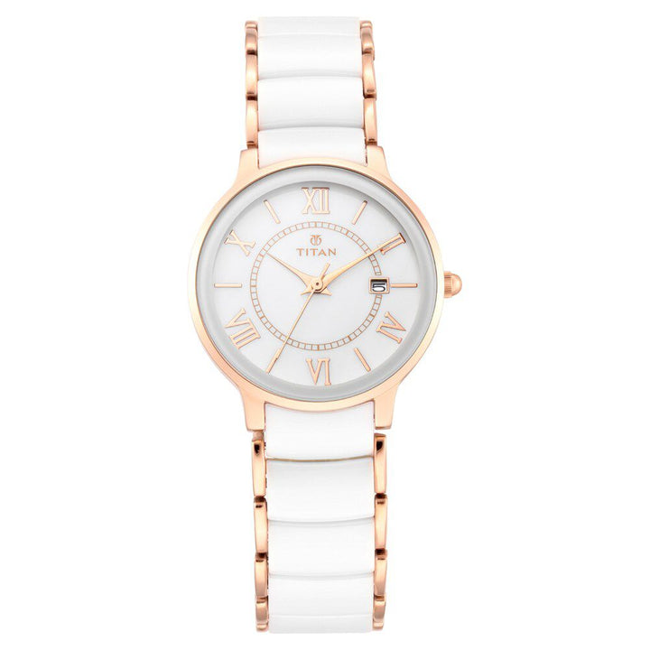 Titan Quartz Analog with Date Mother of Pearl Dial Stainless Steel & Ceramic Strap Watch for Women NS95016WD02