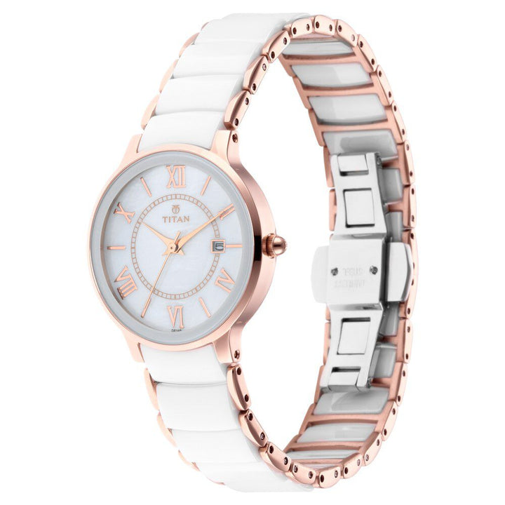 Titan Quartz Analog with Date Mother of Pearl Dial Stainless Steel & Ceramic Strap Watch for Women NS95016WD02
