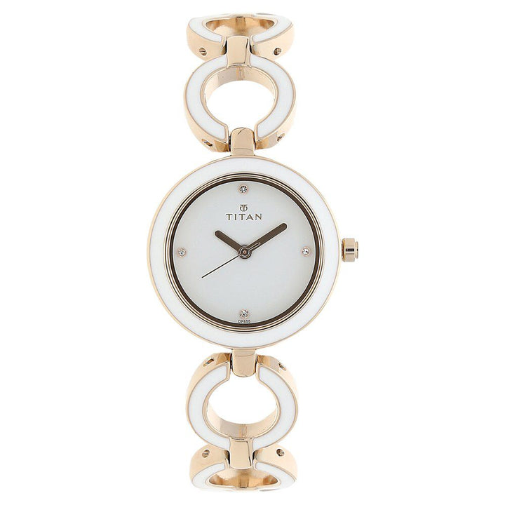 Titan Quartz Analog White Dial Metal Strap Watch for Women NR95036WM02