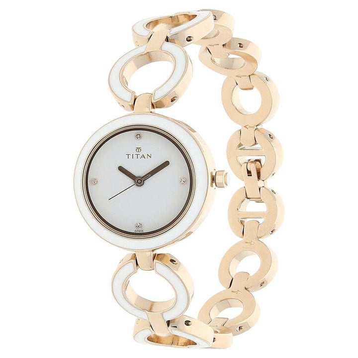 Titan Quartz Analog White Dial Metal Strap Watch for Women NR95036WM02