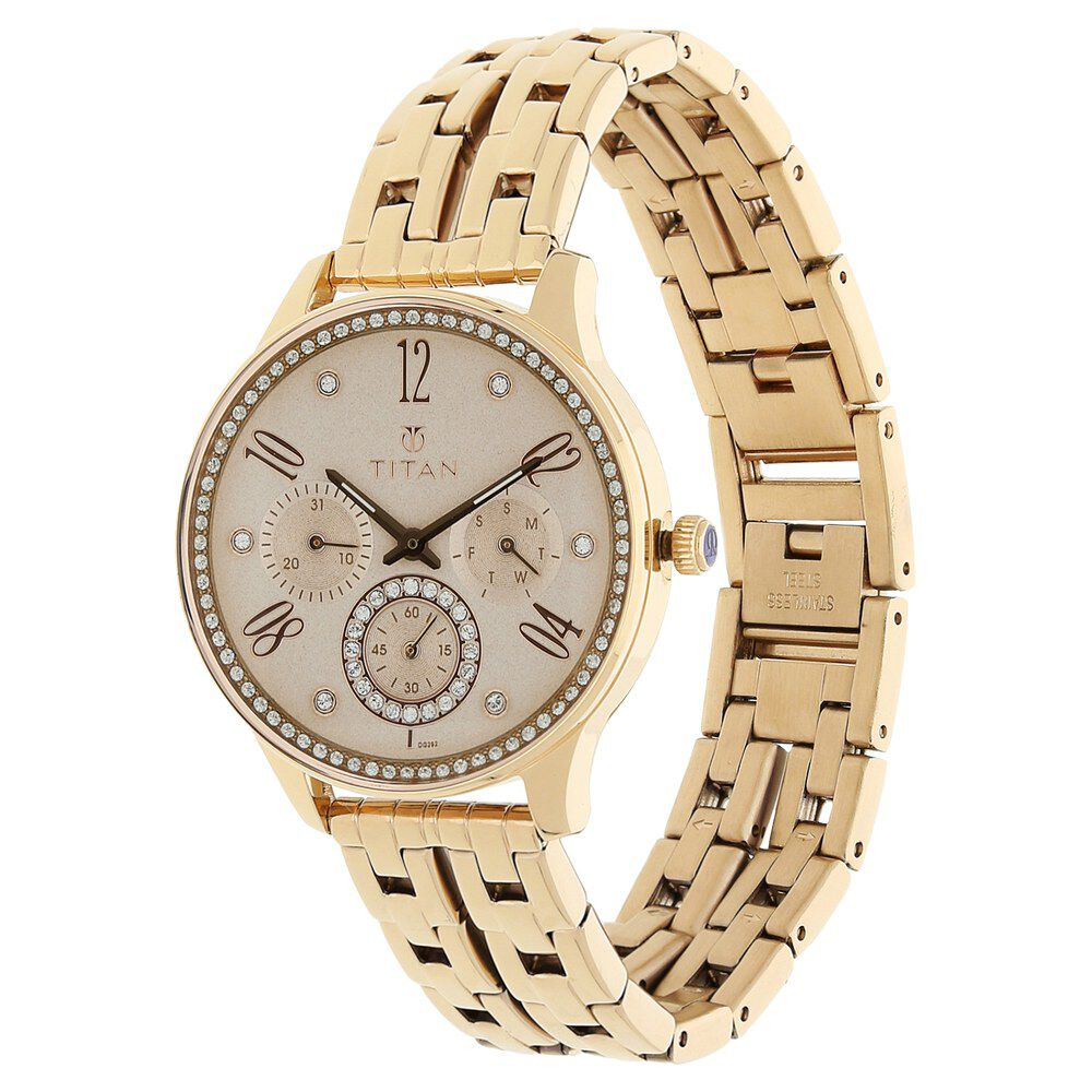 Titan Purple Rose Gold Dial Quartz Multifunction Stainless Steel Strap Watch for Women NS95040WM01
