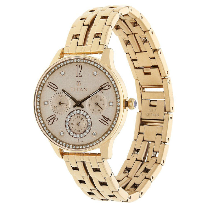Titan Purple Rose Gold Dial Quartz Multifunction Stainless Steel Strap Watch for Women NS95040WM01