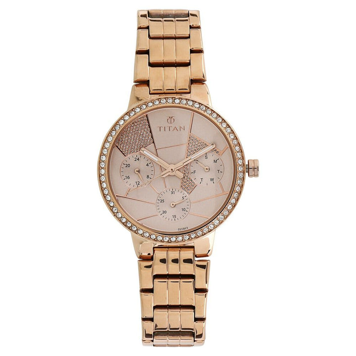 Titan Whimsy Rose Gold Dial Quartz Multifunction Stainless Steel Strap Watch for Women NS95058WM02