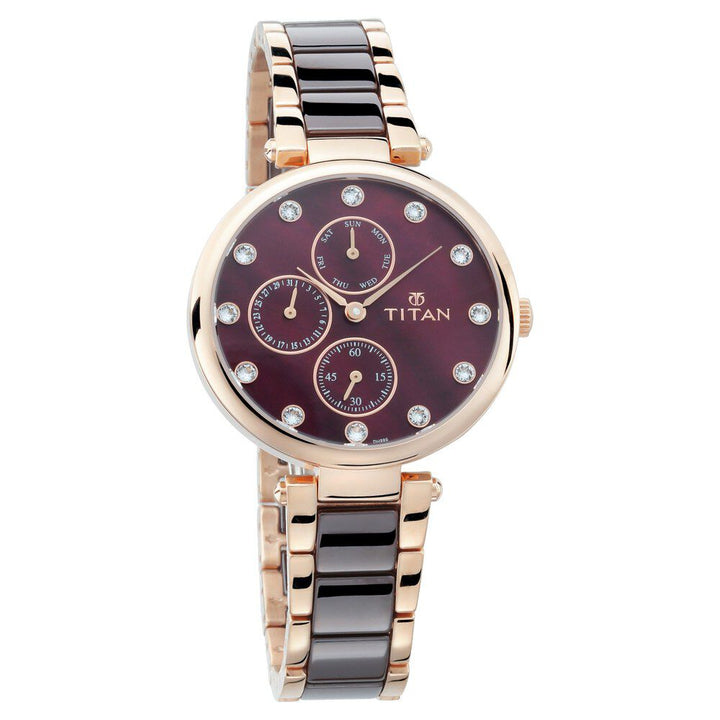 Titan Ceramics Red Dial Quartz Multifunction Stainless Steel and Ceramic Strap watch for Women NS95062WD01