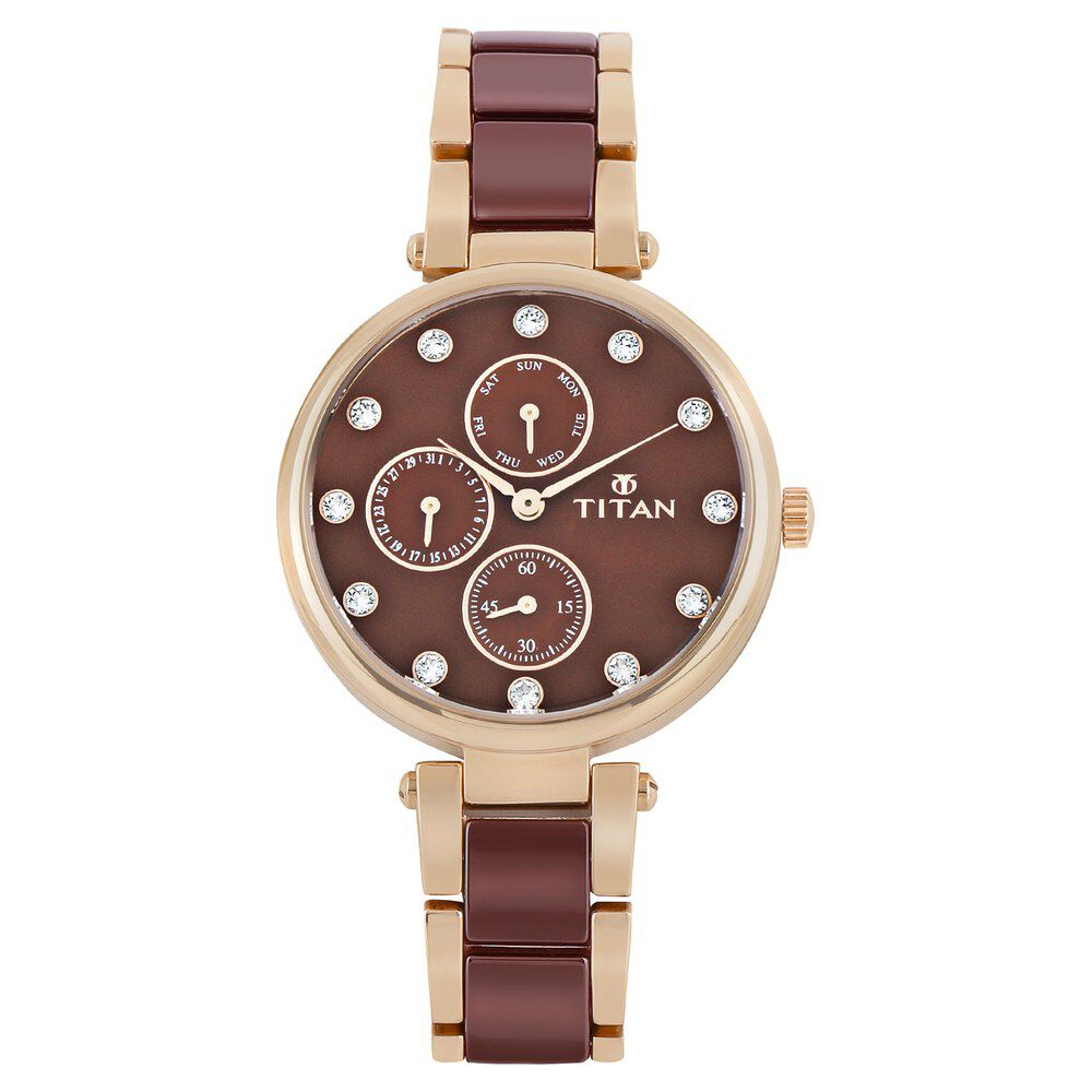 Titan Ceramics Red Dial Quartz Multifunction Stainless Steel and Ceramic Strap watch for Women NS95062WD01