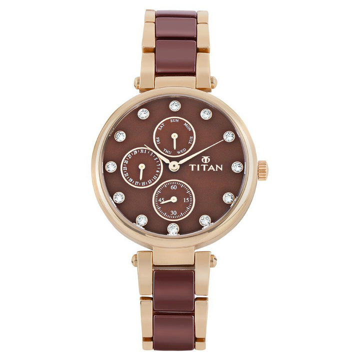 Titan Ceramics Red Dial Quartz Multifunction Stainless Steel and Ceramic Strap watch for Women NS95062WD01