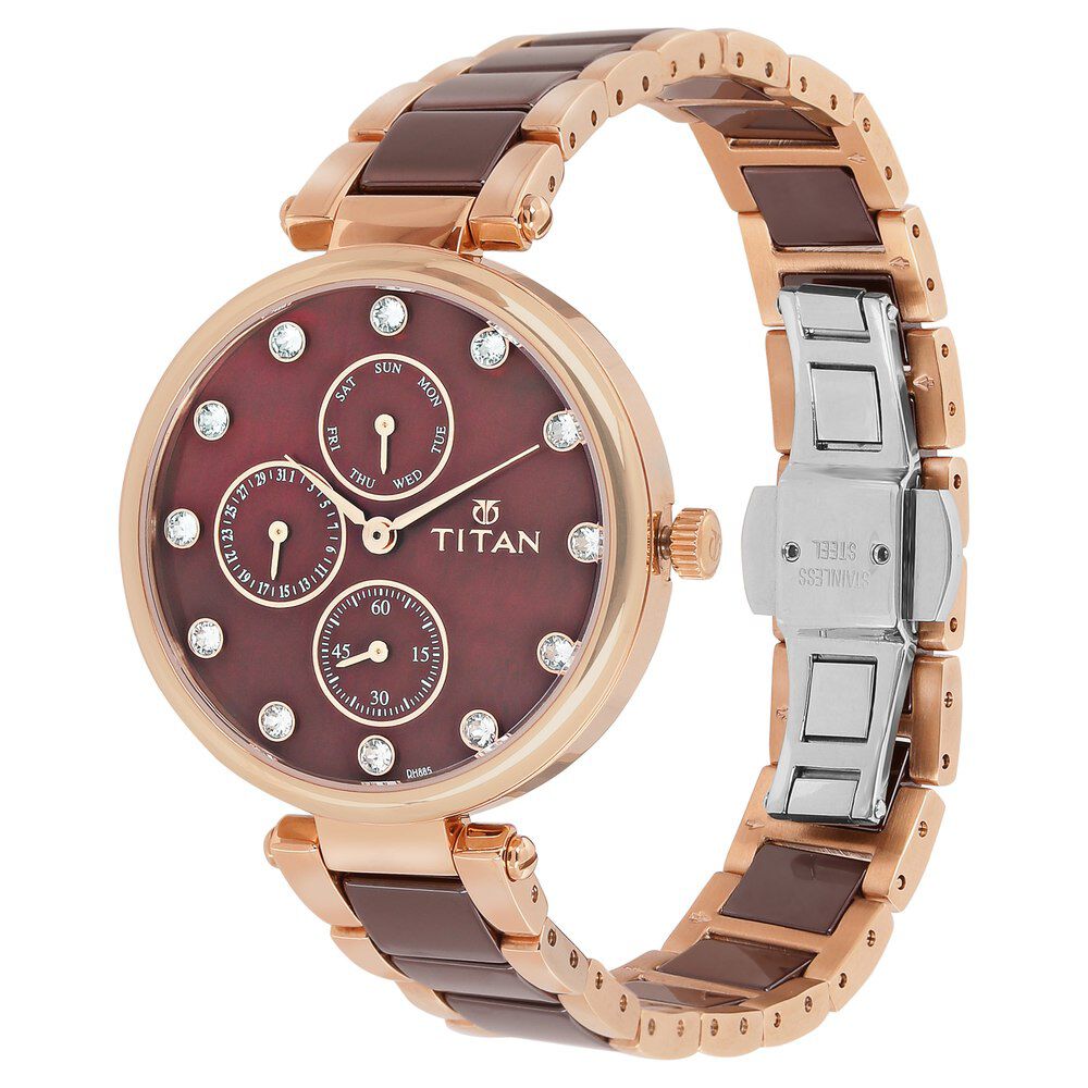 Titan Ceramics Red Dial Quartz Multifunction Stainless Steel and Ceramic Strap watch for Women NS95062WD01