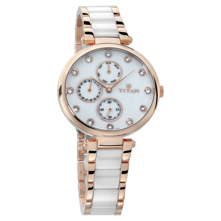Titan Ceramics White Dial Quartz Multifunction Stainless Steel and Ceramic Strap watch for Women NS95062WD02
