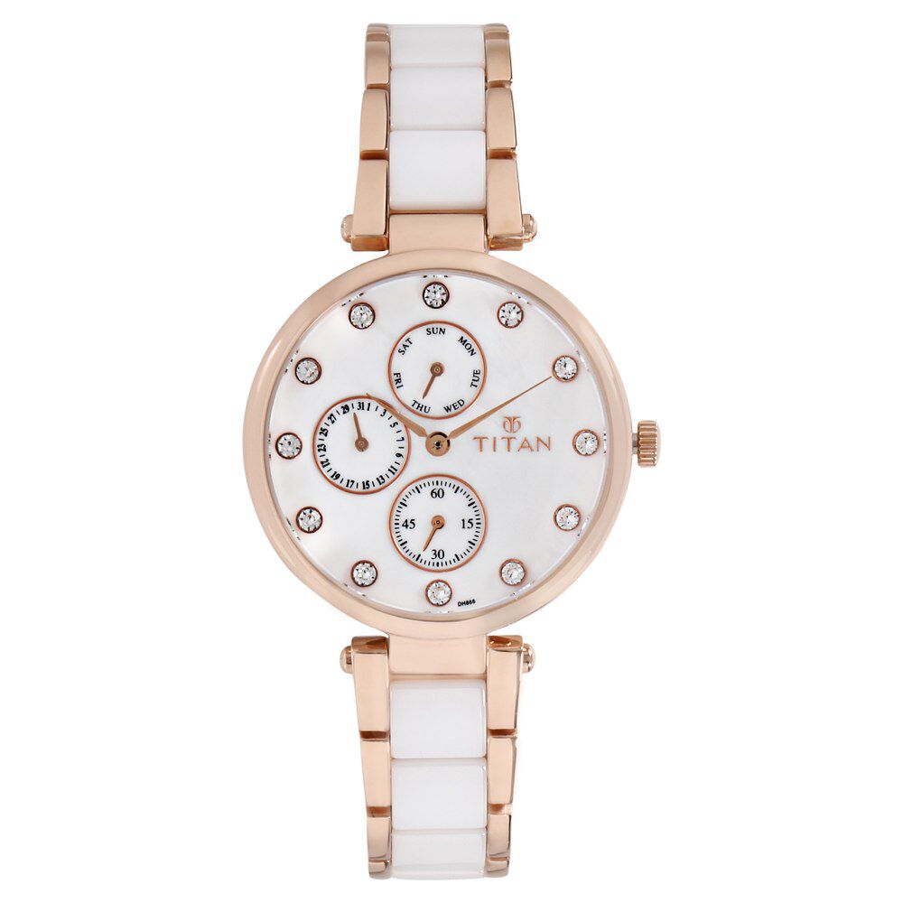 Titan Ceramics White Dial Quartz Multifunction Stainless Steel and Ceramic Strap watch for Women NS95062WD02