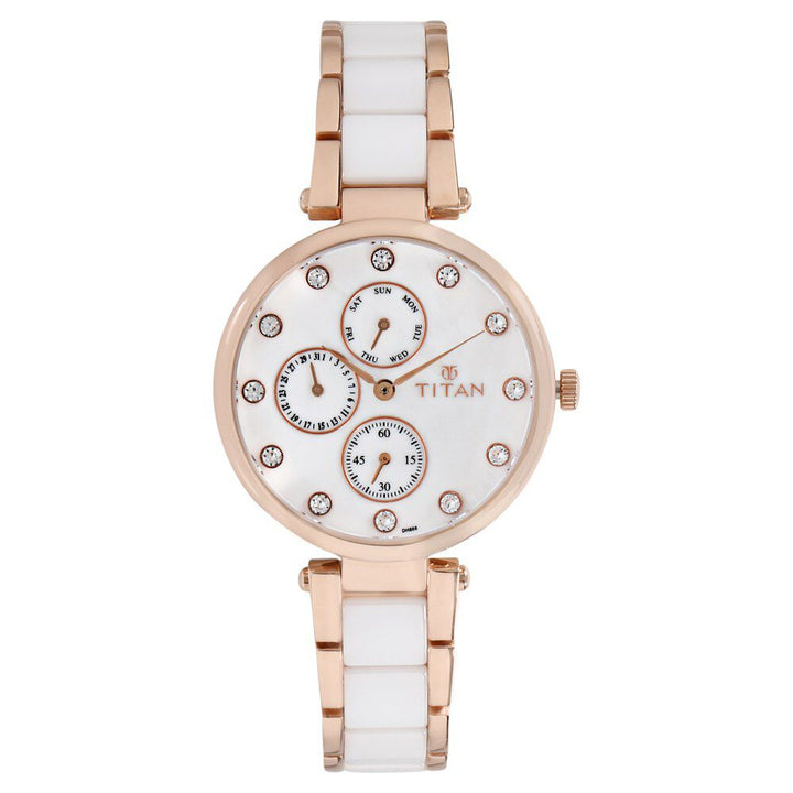Titan Ceramics White Dial Quartz Multifunction Stainless Steel and Ceramic Strap watch for Women NS95062WD02