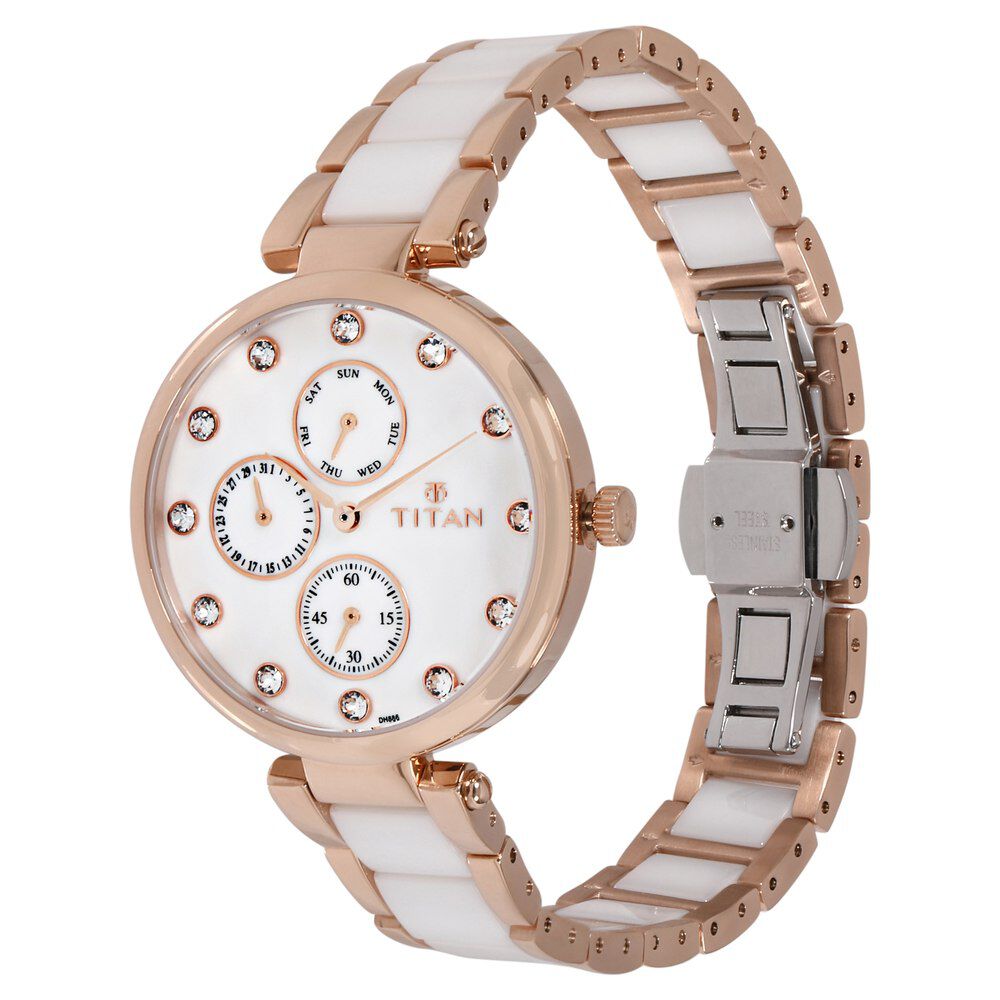 Titan Ceramics White Dial Quartz Multifunction Stainless Steel and Ceramic Strap watch for Women NS95062WD02