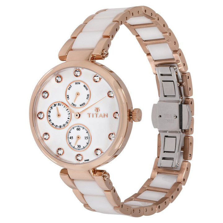 Titan Ceramics White Dial Quartz Multifunction Stainless Steel and Ceramic Strap watch for Women NS95062WD02