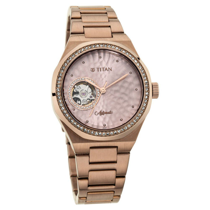 Titan Animalia Rose Gold Dial Automatic Stainless Steel Strap Watch for Women NS95131QM01