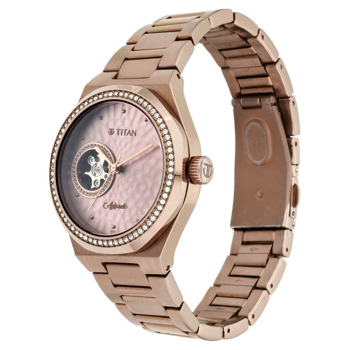 Titan Animalia Rose Gold Dial Automatic Stainless Steel Strap Watch for Women NS95131QM01