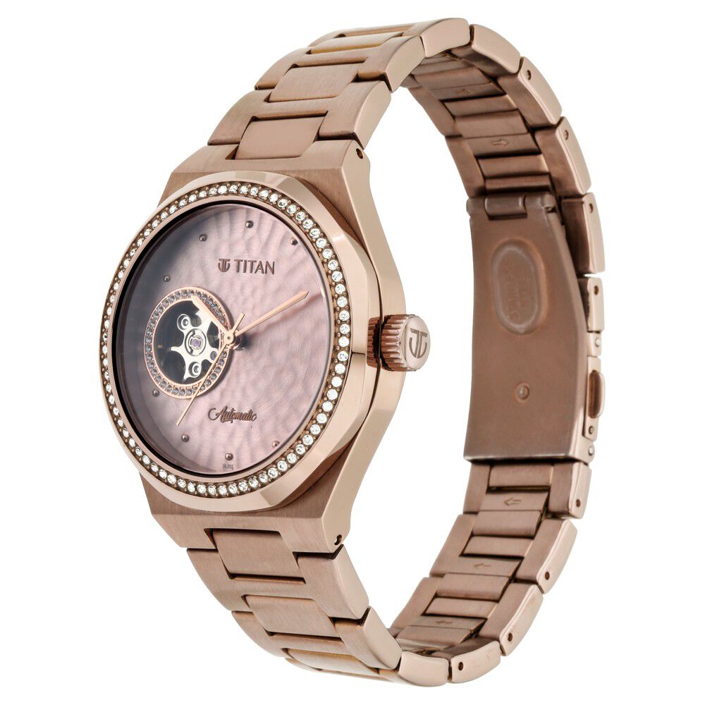Titan Animalia Rose Gold Dial Automatic Stainless Steel Strap Watch for Women - The Watch Factory ®