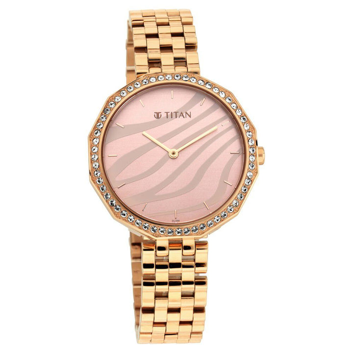 Titan Animalia Rose Gold Dial Quartz Analog Stainless Steel Strap Watch for Women NS95132WM01
